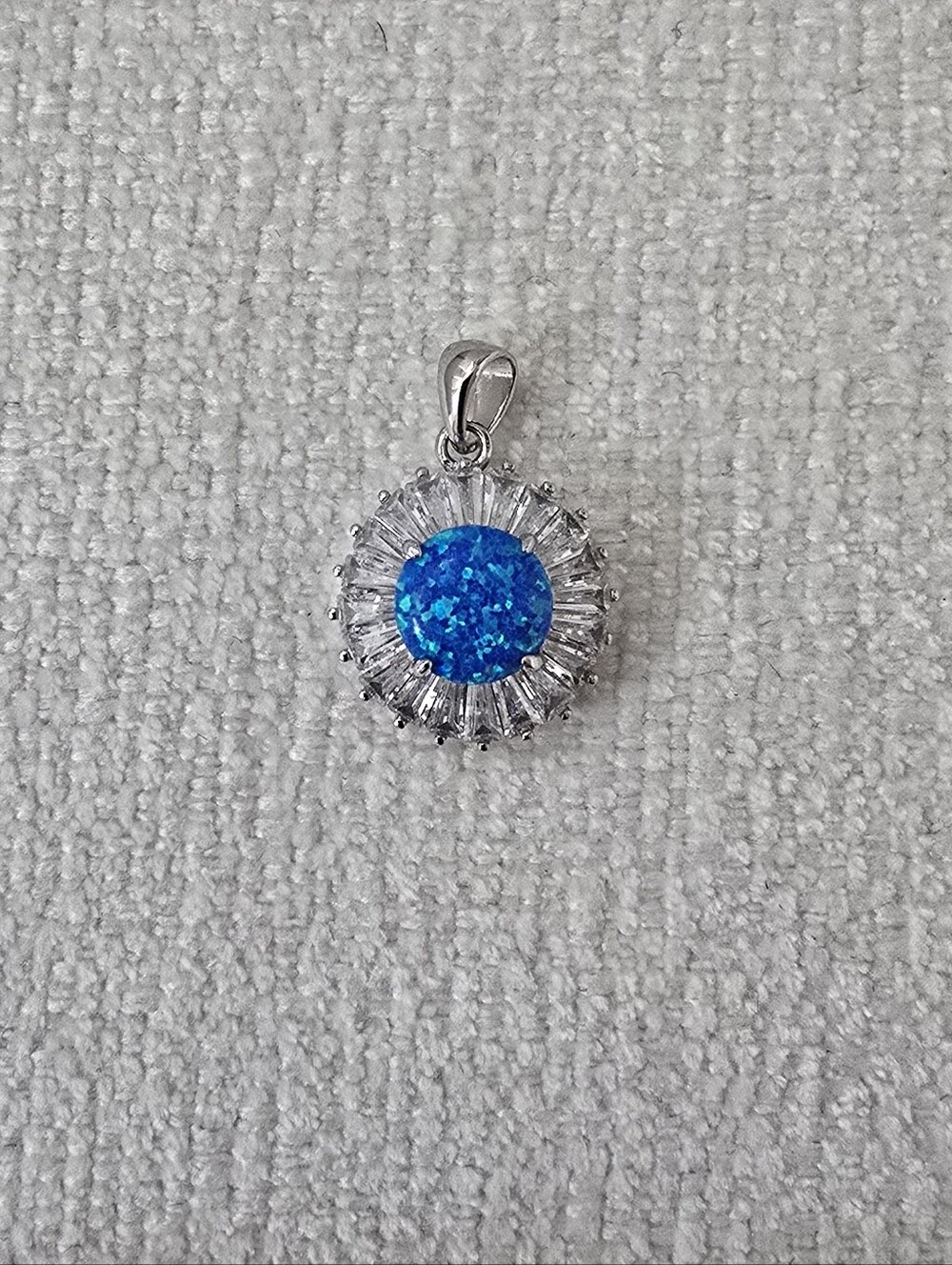Blue Opal Center With Clear CZ Halo Sterling Silver Pendant